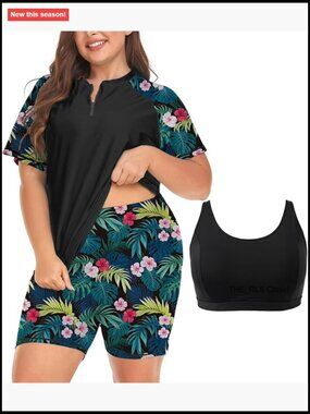 Plus Size Rash Guard Set with Boyshorts UPF 50+ Short Sleeve Swimwear